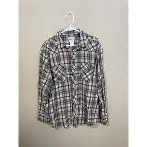 Wrangler Pearl Snap Flannel Men's 2XL Brown Blue Plaid Western Long-Sleeve Shirt